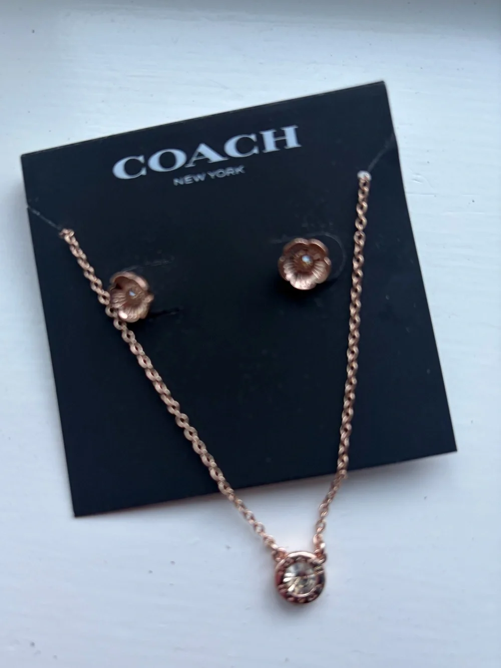 Coach Rose Gold Floral Pendant Necklace with Matching Studs